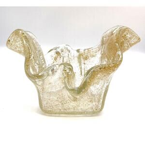 Murano Lavorazione Arte Gold Fleck Art Glass Vase / Bowl Italy 6" Tall 9" Wide